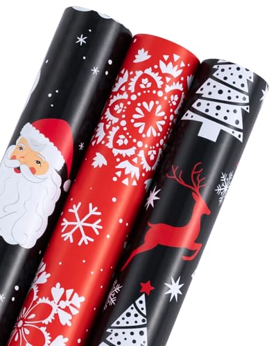 RUSPEPA Weihnachts-Geschenkpapierrolle – Mini-Rolle – 3 Rollen – 43,2 cm x 3 m pro Rolle – Weihnachtskollektion mit fröhlichem Weihnachtsmann, Schneeflocke, Rentier und Weihnachtsbaum in Schwarz RUSPEPA Weihnachts-Geschenkpapierrolle – Mini-Rolle – 3 Rollen – 43,2 cm x 3 m pro Rolle – Weihnachtskollektion mit fröhlichem Weihnachtsmann, Schneeflocke, Rentier und Weihnachtsbaum in Schwarz von RUSPEPA