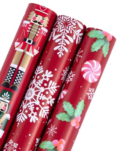 RUSPEPA Weihnachts-Geschenkpapierrolle – Mini-Rolle – 3 Rollen – 43,2 cm x 3 m pro Rolle – Weihnachtskollektion mit roten Nussknackern, Schneeflocken, Zuckerstangen und Stechpalmen RUSPEPA Weihnachts-Geschenkpapierrolle – Mini-Rolle – 3 Rollen – 43,2 cm x 3 m pro Rolle – Weihnachtskollektion mit roten Nussknackern, Schneeflocken, Zuckerstangen und Stechpalmen von RUSPEPA