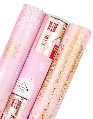RUSPEPA Weihnachts-Geschenkpapierrolle – Mini-Rolle – 3 Rollen – 43,2 cm x 3 m pro Rolle – rosa und goldenes Haus, Weihnachtsbaum, Schneeflocken-Ferienkollektion mit metallischem Folienglanz RUSPEPA Weihnachts-Geschenkpapierrolle – Mini-Rolle – 3 Rollen – 43,2 cm x 3 m pro Rolle – rosa und goldenes Haus, Weihnachtsbaum, Schneeflocken-Ferienkollektion mit metallischem Folienglanz von RUSPEPA