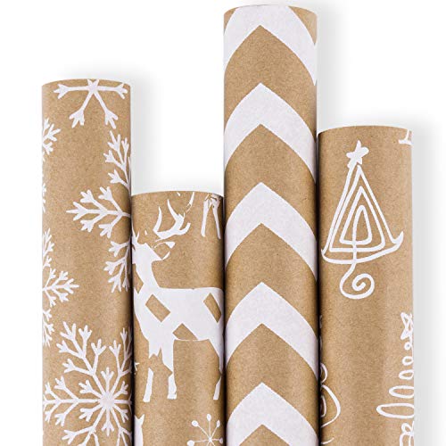 RUSPEPA Weihnachtspapierrolle - Braunes Kraftpapier Mit 3D White Christmas Elements Print Papier - 4 Rollen - 76cm X 305cm Pro Rolle von RUSPEPA