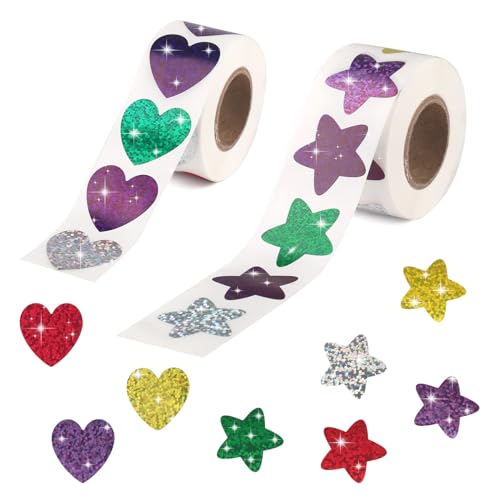 1000 Stück Bunt Sterne Aufkleber Rolle Glitzer Sticker Selbstklebende belohnungssticker Holografische Herzen und Sterne Sticker Glitzer für Kinder Schulkinder Klassenzimmer Zuhause von RVLZKCPG