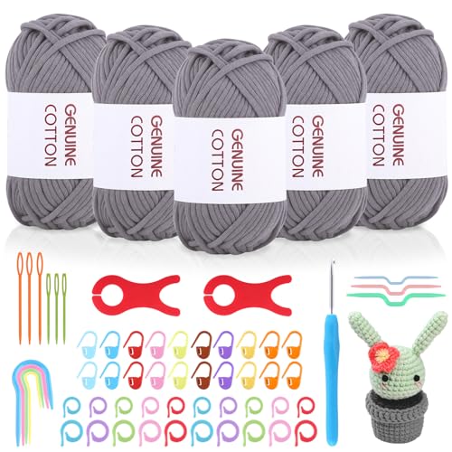 5 Stück Häkelgarn für Anfänger, Dickes Baumwoll-Nylon Schlauchgarn, Grau Textilgarn zum Häkeln, Wolle zum Häkeln Dickes Garn mit Häkelnadelzubehör und Spuler (5 X 50g) (Dunkelgrau) von RVLZKCPG