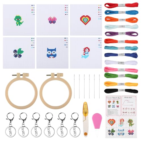 RVLZKCPG Stickset für Anfänger, Kinder Stickset mit 6 Stickereimuster, 2 Stickrahmen Ring, 6 Schlüsselanhänge, Schere und Anleitung, Embroidery Kit für DIY Kunst, Handwerk, Sticken von RVLZKCPG