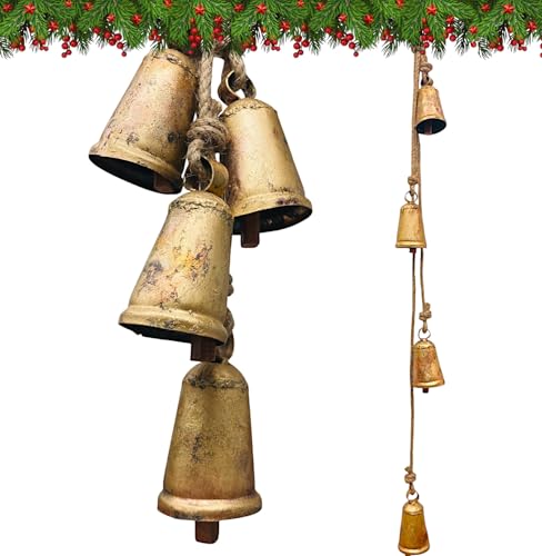 Set mit 4 rustikalen Hänglocken im Shabby-Chic-Stil, tibetisch inspirierte Meditationskuhglocken mit Juteseil, Vintage, handgefertigt, glücklich, rustikal, Metall, ruhiges Windspiel, Wanddekoration, 4 Set mit 4 rustikalen Hänglocken im Shabby-Chic-Stil, tibetisch inspirierte Meditationskuhglocken mit Juteseil, Vintage, handgefertigt, glücklich, rustikal, Metall, ruhiges Windspiel, Wanddekoration, 4 von RW REPLICA WAREHOUSE