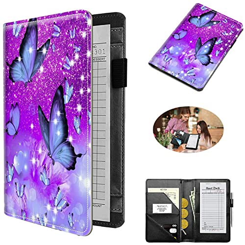 Kellnerbuch-Organizer, 11,9 x 19,1 cm, niedliches Serverbuch, klein mit Reißverschlusstasche, PU-Leder, Kellnerbörse, Magnetverschluss, Tasche, hohes Volumen, Server-Geldbörse für Kellnerschürze, lila Schmetterling von RWUTYTIUL