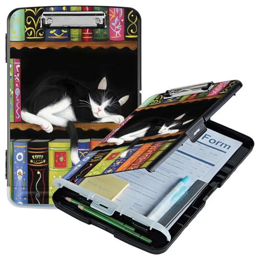 RWUTYTIUL Bücherregal Katze A4 Klemmbrett mit Aufbewahrung Stifthalter, Klemmbretter Organizer Still-Klemmbrett Faltbarer Aktenordner Kunststoff Klemmbrett Folio Klemmbrett für Büro Studenten von RWUTYTIUL