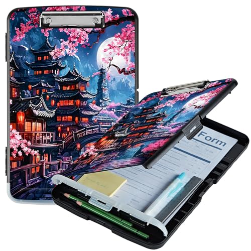 RWUTYTIUL Cherry Blossom House Klemmbrett A4 mit Stifthalter, Klemmbrett-Organizer, Still-Klemmbrett, faltbarer Aktenordner, Kunststoff-Klemmbrett, Folio-Clipboard für Büro, Studenten, Klassenzimmer von RWUTYTIUL