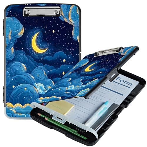 RWUTYTIUL Klemmbrett in Mondblau, Wolken, A4, mit Stifthalter, Klemmbretter, Organizer, Still-Klemmbrett, faltbarer Aktenordner, Kunststoff-Klemmbrett, Folio-Clipboard für Büro, Studenten von RWUTYTIUL