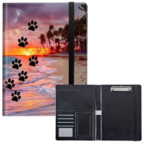 RWUTYTIUL Klemmbrett mit Notizblock, Visitenkartenhalter, Lederaufbewahrung, Klemmbrett, elastischer Verschluss, Briefgröße, Büroklammerbrett für Büro, Klassenzimmer, Hundepfotenabdruck, Strand von RWUTYTIUL