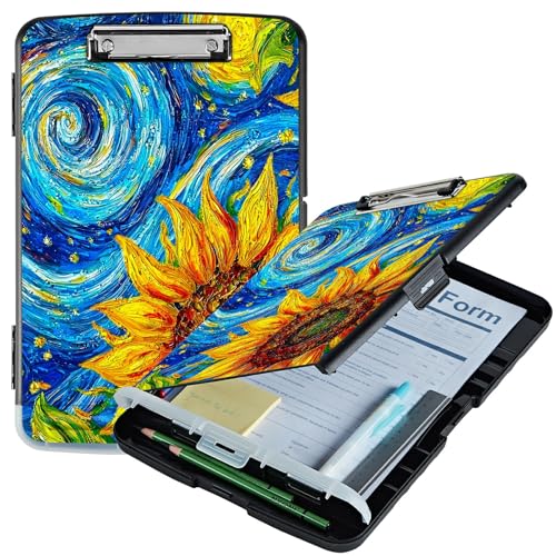 RWUTYTIUL Klemmbrett mit Sternen-Sonnenblumen-Motiv, A4, mit Stifthalter, Klemmbretter, Organizer, Still-Klemmbrett, faltbarer Aktenordner, Kunststoff-Klemmbrett, Folio-Clipboard für Büro, Studenten von RWUTYTIUL
