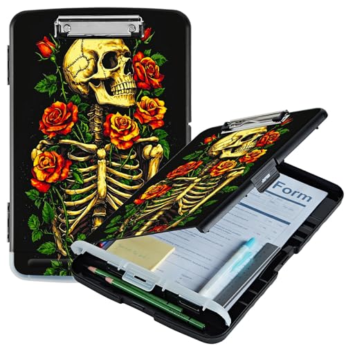 RWUTYTIUL Klemmbrett mit Totenkopf, rote Rose, A4, mit Stifthalter, Klemmbretter, Organizer, Still-Klemmbrett, faltbar, Kunststoff-Klemmbrett, Folio-Clipboard für Büro, Studenten, Klassenzimmer, Arzt RWUTYTIUL Klemmbrett mit Totenkopf, rote Rose, A4, mit Stifthalter, Klemmbretter, Organizer, Still-Klemmbrett, faltbar, Kunststoff-Klemmbrett, Folio-Clipboard für Büro, Studenten, Klassenzimmer, Arzt von RWUTYTIUL