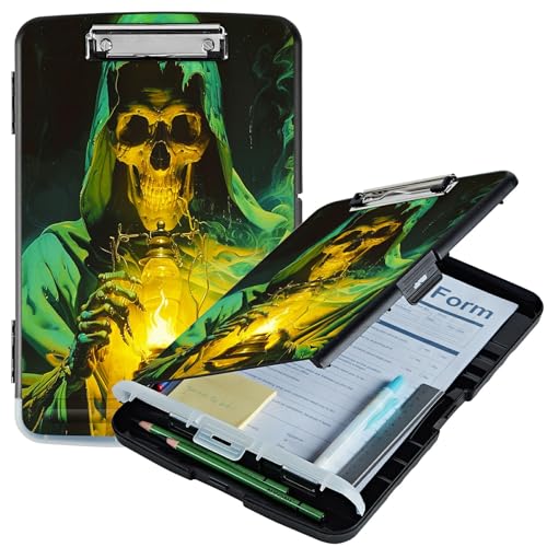 RWUTYTIUL Klemmbrett mit grünem Totenkopf-Motiv, A4, mit Stifthalter, Klemmbretter, Organizer, Still-Klemmbrett, faltbarer Aktenordner, Kunststoff-Klemmbrett, Folio-Clipboard für Büro, Studenten RWUTYTIUL Klemmbrett mit grünem Totenkopf-Motiv, A4, mit Stifthalter, Klemmbretter, Organizer, Still-Klemmbrett, faltbarer Aktenordner, Kunststoff-Klemmbrett, Folio-Clipboard für Büro, Studenten von RWUTYTIUL