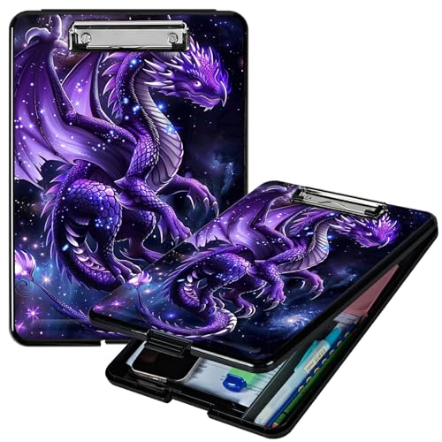 RWUTYTIUL Lila Cool Dragon A4-Klemmbrett mit Aufbewahrung, Stifthalter, Klemmbrett-Organizer, Still-Klemmbrett, faltbarer Aktenordner, Kunststoff-Klemmbrett, Folio-Clipboard für Büro, Studenten von RWUTYTIUL