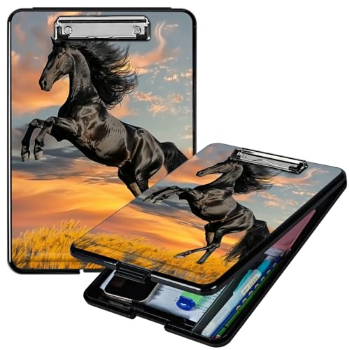 RWUTYTIUL Sunset Horse A4-Klemmbrett mit Stifthalter, Klemmbrett-Organizer, Still-Klemmbrett, faltbarer Aktenordner, Kunststoff-Klemmbrett, Folio-Clipboard für Büro, Studenten, Klassenzimmer, Arzt von RWUTYTIUL