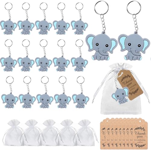 RXKFIGX 30 Stücke Gastgeschenke Taufe Elefanten-Schlüsselanhänger + Organza Beutel + Kraftpapier Anhänger Tier Anhänger Thank You Danke Geschenke für Boy Girl Kid Birthday Party Supply Hochzeit Taufe von RXKFIGX