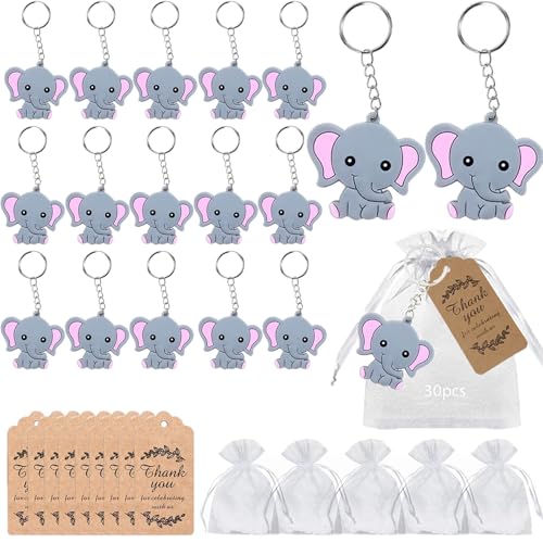 RXKFIGX 30 Stücke Gastgeschenke Taufe Elefanten-Schlüsselanhänger + Organza Beutel + Kraftpapier Anhänger Tier Anhänger Thank You Danke Geschenke für Boy Girl Kid Birthday Party Supply Hochzeit Taufe von RXKFIGX