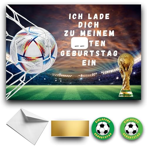 RXLITE Fußball Einladungskarten Kindergeburtstag Jungen Mädchen 10 Stück karton Umschläge goldene Aufkleber zum Freirubbeln, DIN Postkarte, vorgedruckt, ausgefüllt, sportliche Partyeinladungen fans von RXLITE