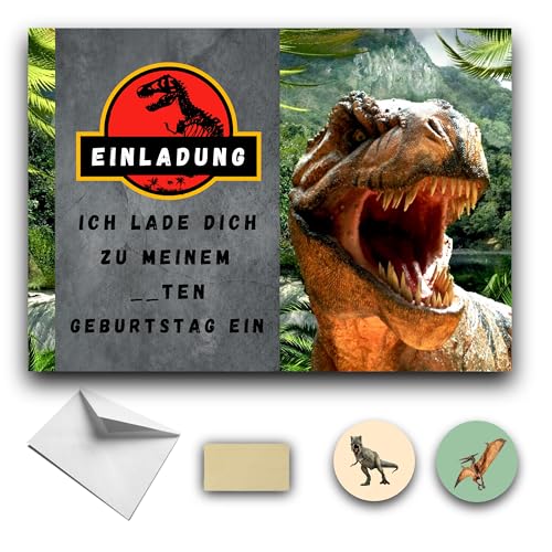 RXLITE Premium-Kreativset ideal mit 10 Böse Dinosaurier dinoparty Einladungskarten zum Geburtstag auf Deutsch: 10 Karten, 10 weiße Umschläge, 10 Sticker dinos und 10 goldene Aufkleber. von RXLITE