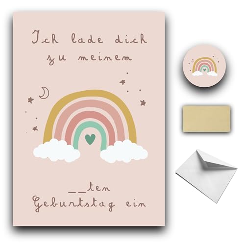 RXLITE Premium-Kreativset mit 10 Regenbogen rainbow Einladungskarten zum Geburtstag auf Deutsch: 10 Karten, 10 weiße Umschläge, 10 Sticker und 10 goldene Aufkleber. partyeinladungen regenbogenmotiv von RXLITE