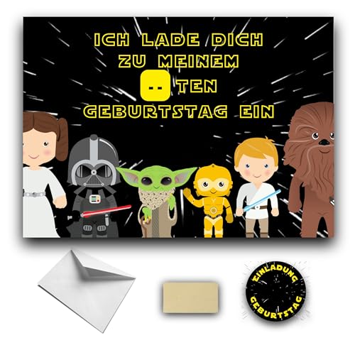 RXLITE Premium-Kreativset mit 10 STAR WARS Einladungskarten zum Geburtstag auf Deutsch: 10 Karten, 10 weiße Umschläge, 10 Sticker und 10 goldene Aufkleber. Jungen Mädchen DIN Postkartenformat von RXLITE