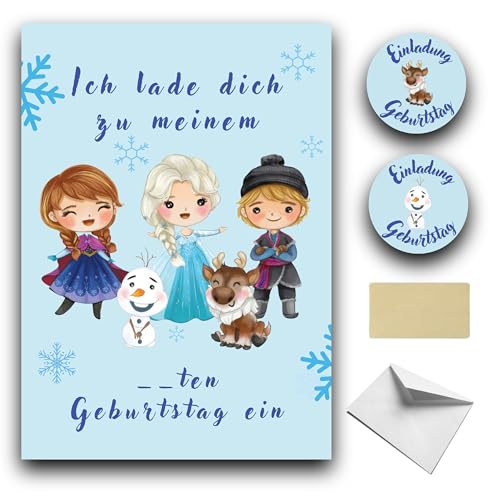 RXLITE Premium perfekte -Kreativset mit 10 Schneekönigin Einladungskarten zum Geburtstag auf Deutsch:, 10 weiße Umschläge, 10 Sticker und 10 goldene Aufkleber.freude wichtigen postkartenformat von RXLITE