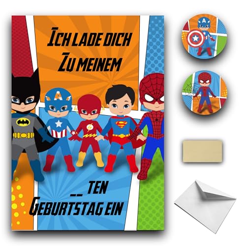 RXLITE Premium qualitat-Kreativset mit 10 Superheld Einladungskarten zum Geburtstag auf Deutsch: 10 Karten, 10 weiße Umschläge, 10 Sticker und 10 magische goldene Aufkleber von RXLITE