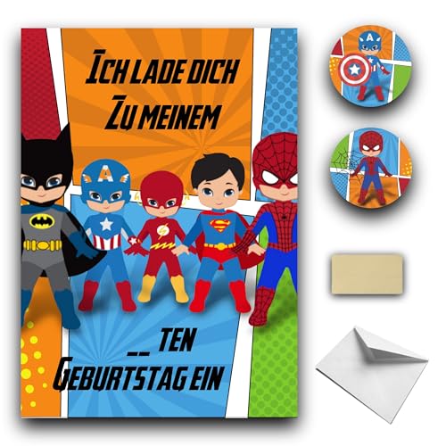 RXLITE Premium qualitat-Kreativset mit 10 Superheld thema Einladungskarte zum Geburtstag auf Deutsch: 10 Karten, 10 weiße Umschläge, 10 Sticker und 10 magische goldene Aufkleber RXLITE Premium qualitat-Kreativset mit 10 Superheld thema Einladungskarte zum Geburtstag auf Deutsch: 10 Karten, 10 weiße Umschläge, 10 Sticker und 10 magische goldene Aufkleber von RXLITE