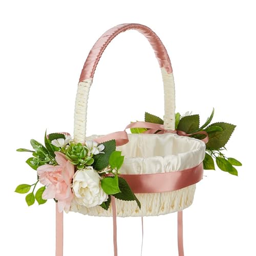 RXMORI Hochzeits-Blumenkorb, Blumenmädchen-Korb mit Stoffblumen, Grünen Pflanzen und Bändern, Rustikaler Handgehaltener Blütenblatt-Aufbewahrungskorb, Eleganter (B) von RXMORI
