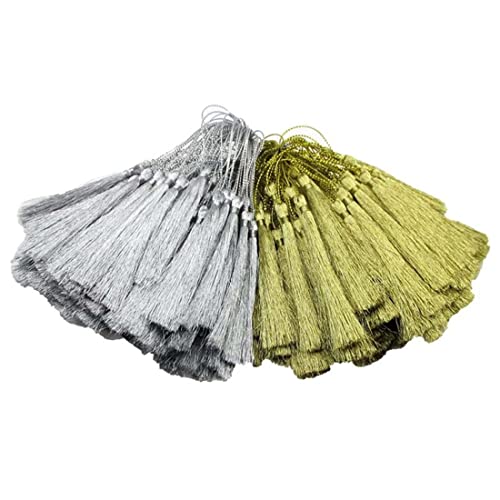 RY-EARL Quasten Silber,Gold 50 Stück Handgefertigte Seidige Mini Quasten Lesezeichen Quasten Tassels Anhänger Quastenborte Quasten Anhänger ​mit Seile Schlaufe Tassel Girlande für DIY Handwerk von RY-EARL