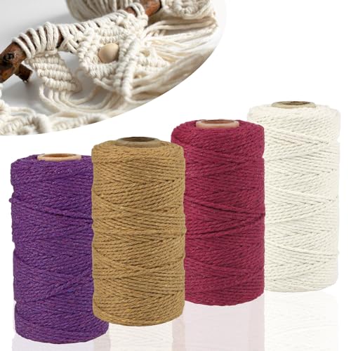 RYAN 4 Makramee Garn 2mm x 100m Baumwollgarn Makramee für DIY Handwerk Basteln Stricken Boho Deko Wandbehang Dekoration Makramee Garn Set (Beige/Lila/Rot/Braun) von RYAN