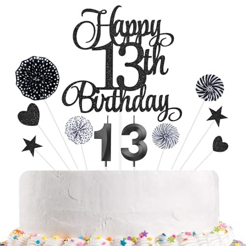 Kuchendekorationen zum 13. Geburtstag, Kerzen zum 13. Geburtstag, Zahlenkerzen und Glitzer, Happy 13th Birthday, Partyzubehör (schwarz) von RYIOYK