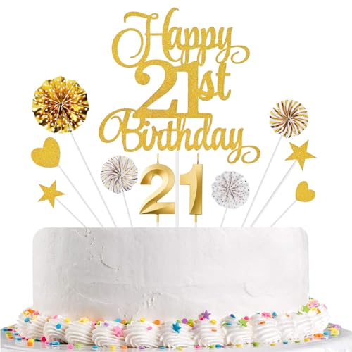 Kuchendekorationen zum 21. Geburtstag, Kerzen zum 21. Geburtstag, Zahlenkerzen und Glitzer, Happy 21th Birthday-Kuchenaufsätze, Set für Geburtstagsparty-Zubehör (Gold) von RYIOYK