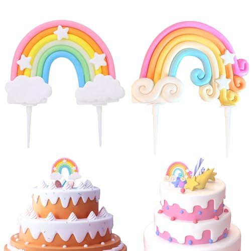 RYMAUP®2 Stück Regenbogen Kuchendeko, personalisiert mit Wolken und Regenbogen, Bunte Geburtstagsfeier Dekoration, Cupcake Topper von RYMAUP
