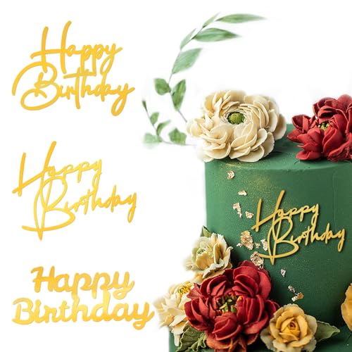 RYMAUP®3 Stück Happy Birthday Cake Toppern in Gold,Verleihen Sie Ihrem Kuchen Acryl einen funkelnden Glanz, Spiegel-Effekt, wiederverwendbar von RYMAUP