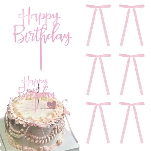 RYMAUP 6 Stück Tortenaufsatz mit Satinschleifen Schleife und Band mit Happy Birthday-Schild, Coquette-Mottoparty, Rosa Vintage-Tortenaufsatz für Herzkuchen, Vintage-Kuchen RYMAUP 6 Stück Tortenaufsatz mit Satinschleifen Schleife und Band mit Happy Birthday-Schild, Coquette-Mottoparty, Rosa Vintage-Tortenaufsatz für Herzkuchen, Vintage-Kuchen von RYMAUP