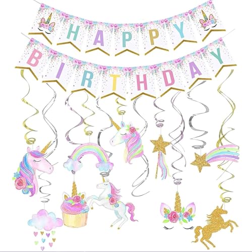 RYMAUP Einhorn-Geburtstagsdekorationen, Einhorn-Partydekorationen, Einhorn-Partyzubehör, Einhorn-Partygeschenke, Einhorn-Geburtstagsbanner und hängender Einhorn-Wirbel RYMAUP Einhorn-Geburtstagsdekorationen, Einhorn-Partydekorationen, Einhorn-Partyzubehör, Einhorn-Partygeschenke, Einhorn-Geburtstagsbanner und hängender Einhorn-Wirbel von RYMAUP