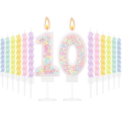 RYMAUP Geburtstagskerze, Macaron-Glitzer, 3D-Zahlenkerze mit 12 Regenbogen-Spiralkerzen in Haltern für Mädchen und Jungen, Tortenaufsatz, Hochzeitstag, Party-Dekoration von RYMAUP