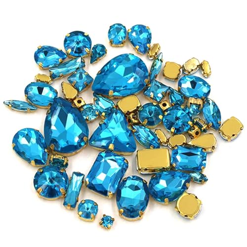 Flache Rückseite Strass reflektierende Diamanten Bastelbedarf DIY Handarbeit Bulk 50 Stück/Tasche Mix Form Kristallsteine ​​Fassung Glas for Aufnähen auf Taschen/Schuhe/Kleidung(Lake Blue) von RYRYR