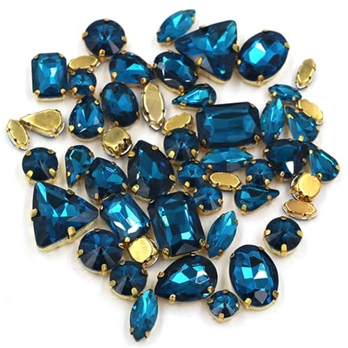 Flache Rückseite Strass reflektierende Diamanten Bastelbedarf DIY Handarbeit Bulk 50 Stück/Tasche Mix Form Kristallsteine ​​Fassung Glas for Aufnähen auf Taschen/Schuhe/Kleidung(Peacock Blue) von RYRYR
