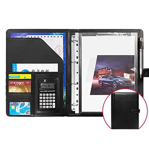 Ordner-Organizer, Padfolio, Notizblock, 4-Ring-Portfolio, Ordner aus PU-Leder, for Geschäftsinterviews, Lebensläufe, Dokumente mit Quittungshülle und Kartenhalter(Black,12 bit calculator) von RYRYR
