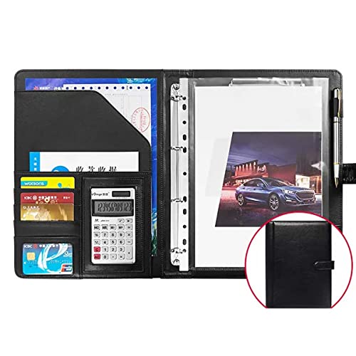 Ordner-Organizer, Padfolio, Notizblock, 4-Ring-Portfolio, Ordner aus PU-Leder, for Geschäftsinterviews, Lebensläufe, Dokumente mit Quittungshülle und Kartenhalter(Black,12 bit solar calculator) von RYRYR