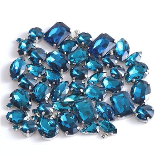 Strasssteine ​​mit flacher Rückseite, reflektierende Diamanten, Bastelbedarf, 50 Stück, gemischte Formen, Glaskristalle for Aufnähen mit Silber, Nähen, DIY-Kleidung, Schuhe, Zubehör(Peacock blue) von RYRYR
