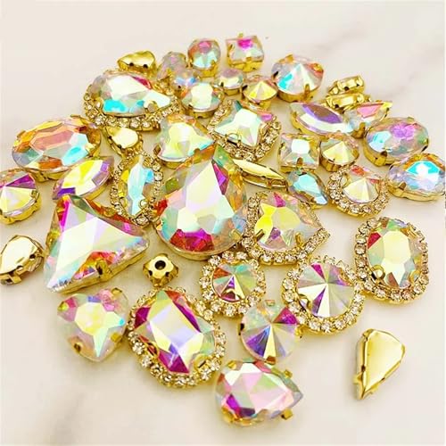 Strasssteine ​​mit flacher Rückseite, reflektierende Diamanten, Bastelbedarf, Kristallglas, 58 Stück, gemischte Formen, goldene Unterseite, Nähen, Verwendung for Handarbeiten, DIY-Kleidungszubehör(Ab von RYRYR