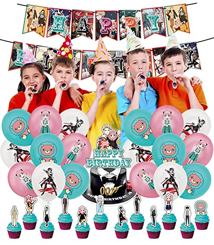 RZDQZY Spy Family Geburtstag Deko: 1 Happy Birthday-Banner, 18 Latexballons, 13 Tortenaufsätze - Berry, Cartoon, Buchstabenmuster von RZDQZY