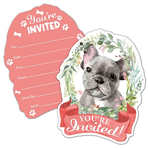 RZHV 15 Stück Französische Bulldogge & Blumenförmige Einladungskarten mit Umschlägen für Jungen, Mädchen, Erwachsene, Hundeliebhaber, lustige Babyparty, Brautparty, Hochzeitsfeier-Einladung von RZHV