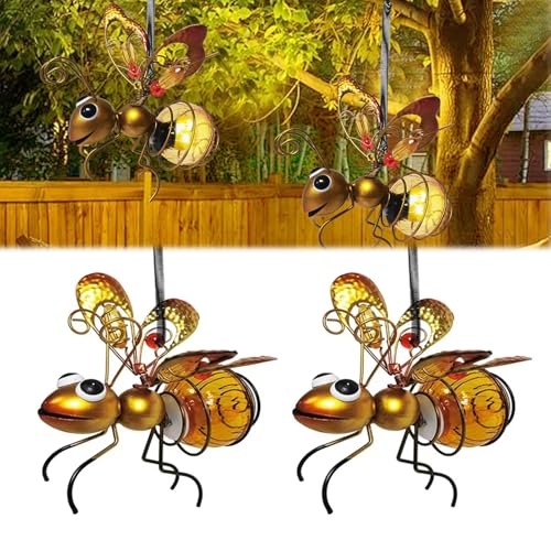 Bienen Deko Solarleuchte Außen, Bienen Solarlampen Gartendeko Lichterketten, Hängende Solar Tiere LED Gartenlampe, Solar Bienen Figuren Gartenleuchten für Garten, Rasen, Terrasse, Balkon (2pcs) von RZXBB