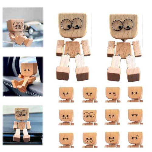 RZXBB Wackelnde Holzfigur Wackelfigur Auto, Schüttelnde Holzmann Figur mit 12 Magnetischen Ausdrücke schwankt, Charmante Kleine Holzfigur Wackelkopf Auto Ornamente Armaturenbrett Dekoration (2 Set) von RZXBB