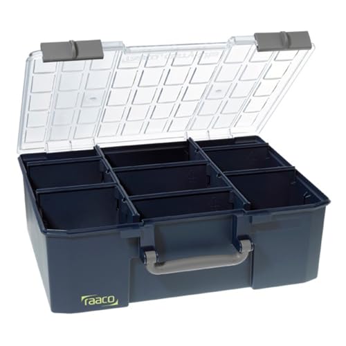raaco CarryLite 150-9: Leicht Sortierbox für Werkstatt, mit 8 Herausnehmbare Trennwände für Kleinteile, Traglast 20 kg, Sichere Aufbewahrung, Transparenter Deckel, 33 x 41.3 x 14.7 cm von Raaco