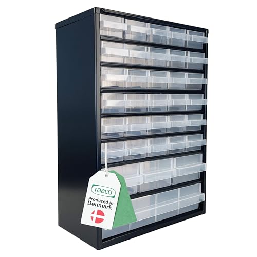 raaco Kleinteilemagazin C9-34, 26 kg Last, 15 x 30,6 x 42 cm, 34 Schubladen, beschichteter Stahl, geeignet für Wandmontage, Schraubenregal mit Sortierboxen für Kleinteile für Werkstatt Ordnungssystem von Raaco