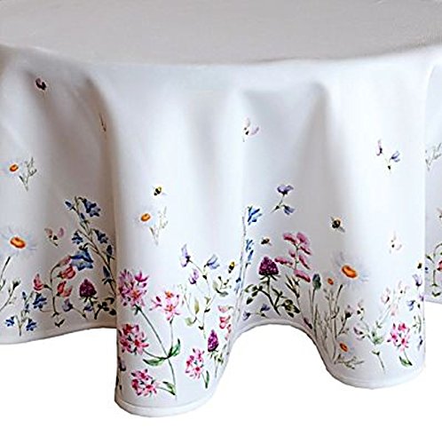 Tischtuch Rund 150 cm Pflegeleicht Weiß Blumenwiese Bunt Frühlingsdecke Tischdecke (150 cm) von Raebel OHG Apolda